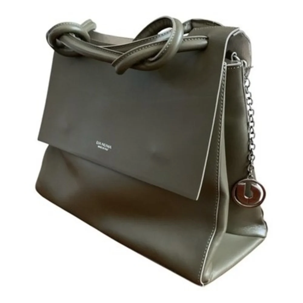 Lia Numa Italy Olive Green Calf Leather Tote Knot Handles Charm Logo Handbag EXC